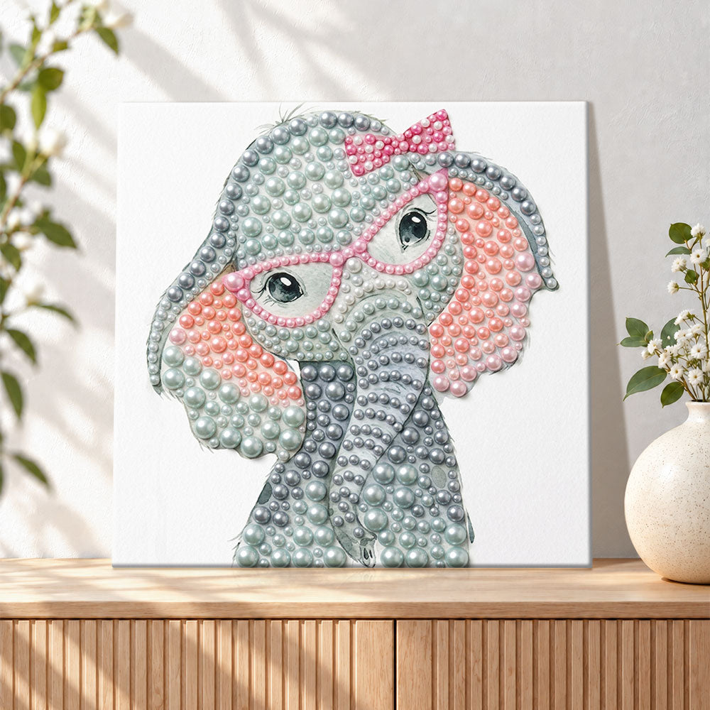 Finished cute pearl elephant pearl diamond painting artwork displayed as holiday home decor