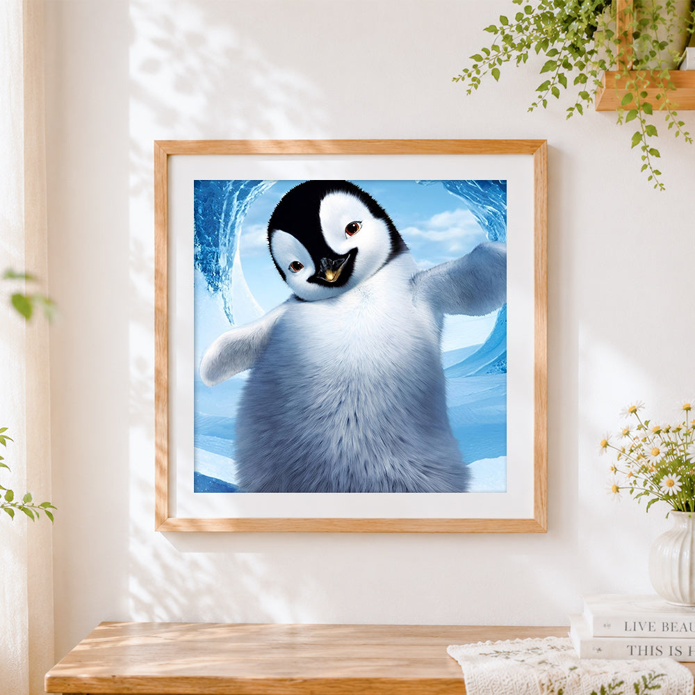 Finished cute penguin chick with open arms cross stitch artwork displayed