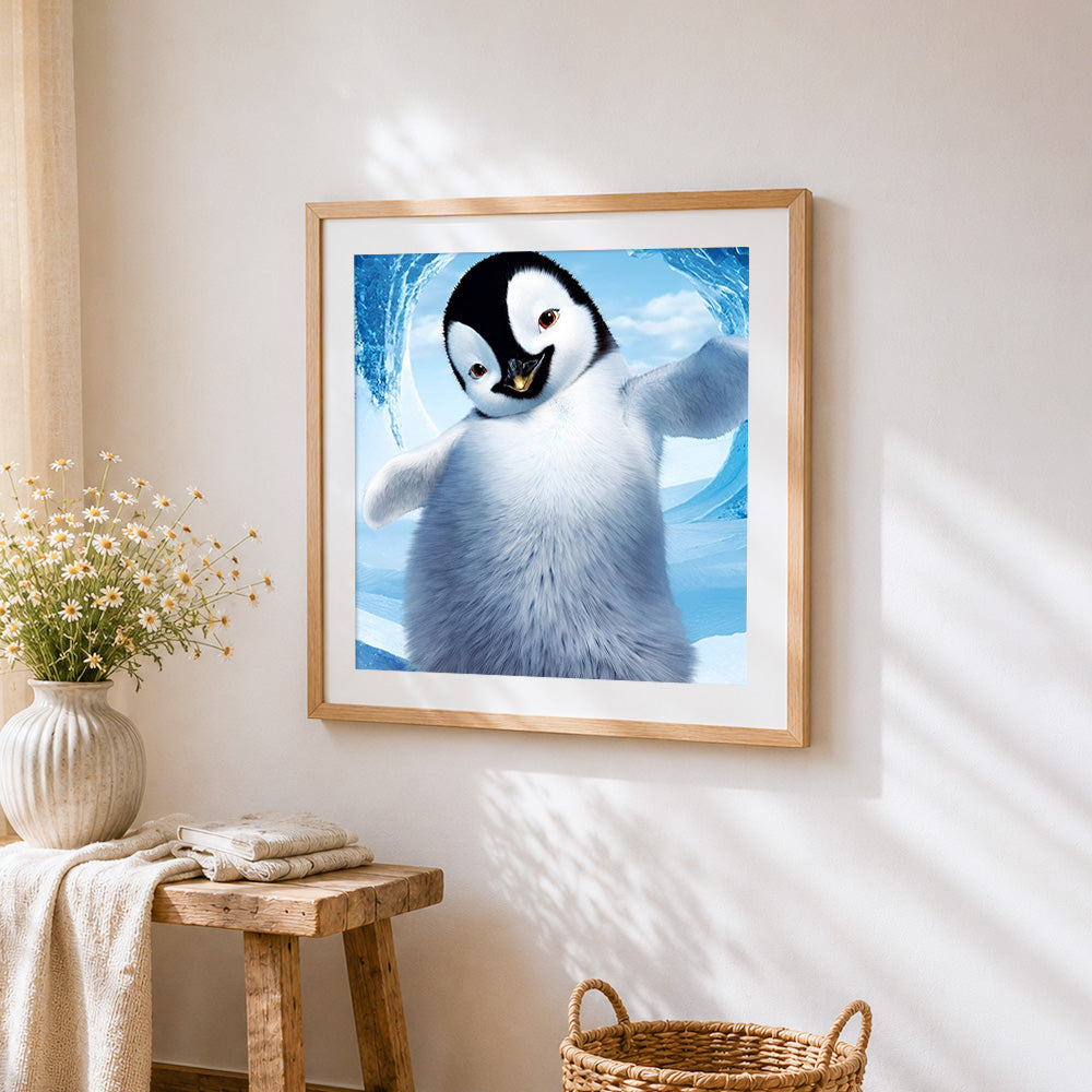 Cute penguin chick with open arms cross stitch artwork displayed on wall as home decor