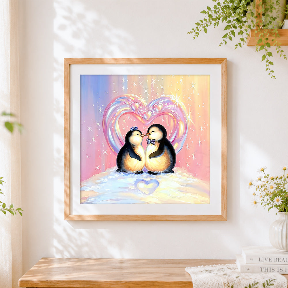 Finished cute penguin couple with heart cross stitch artwork displayed