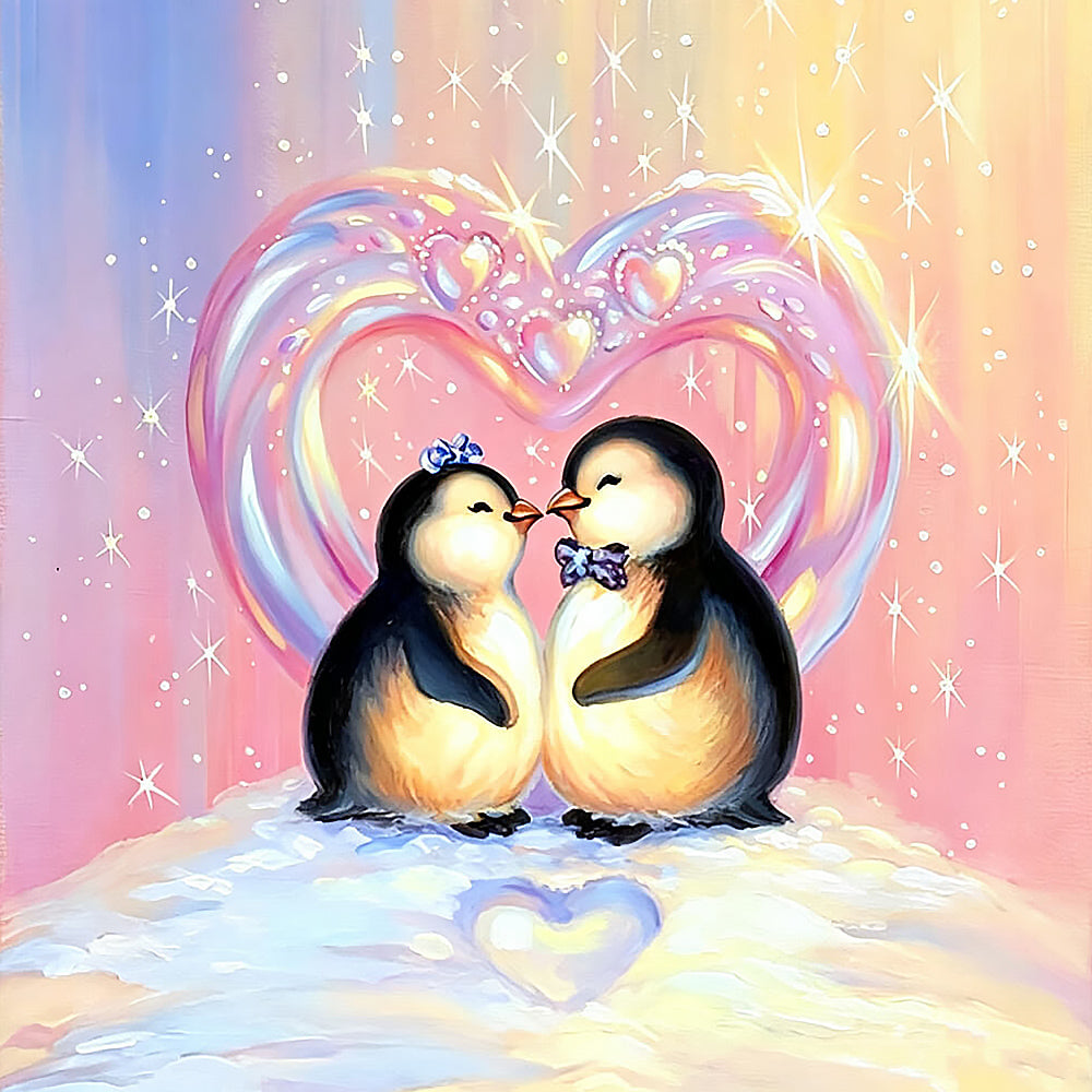 Cute penguin couple with heart cross stitch kit for beginners