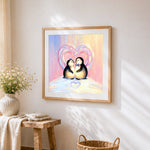 Cute penguin couple with heart cross stitch artwork displayed on wall as home decor