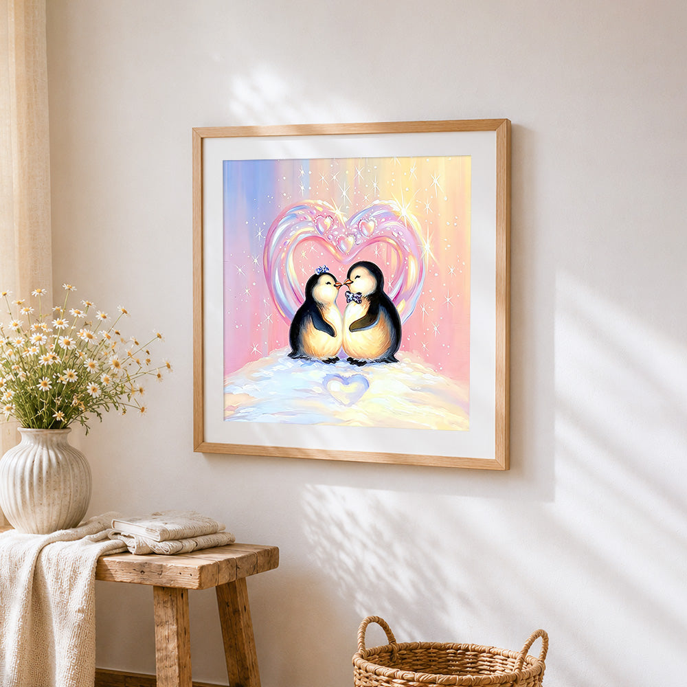 Cute penguin couple with heart cross stitch artwork displayed on wall as home decor