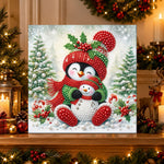Finished cute penguin hugging little snowman pearl diamond painting artwork displayed as holiday home decor