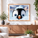 Finished cute penguin in the snow cross stitch artwork displayed