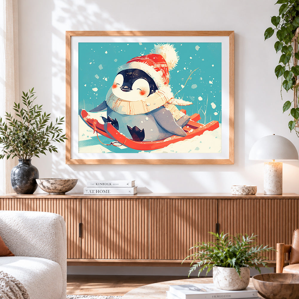 Finished cute penguin on a sled cross stitch artwork displayed