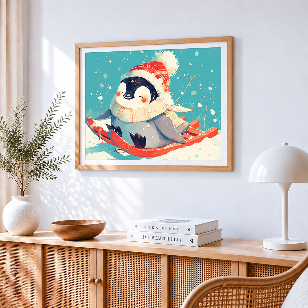 Cute penguin on a sled cross stitch artwork displayed on wall as home decor