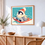 Cute penguin on a sled cross stitch artwork displayed on wall as home decor