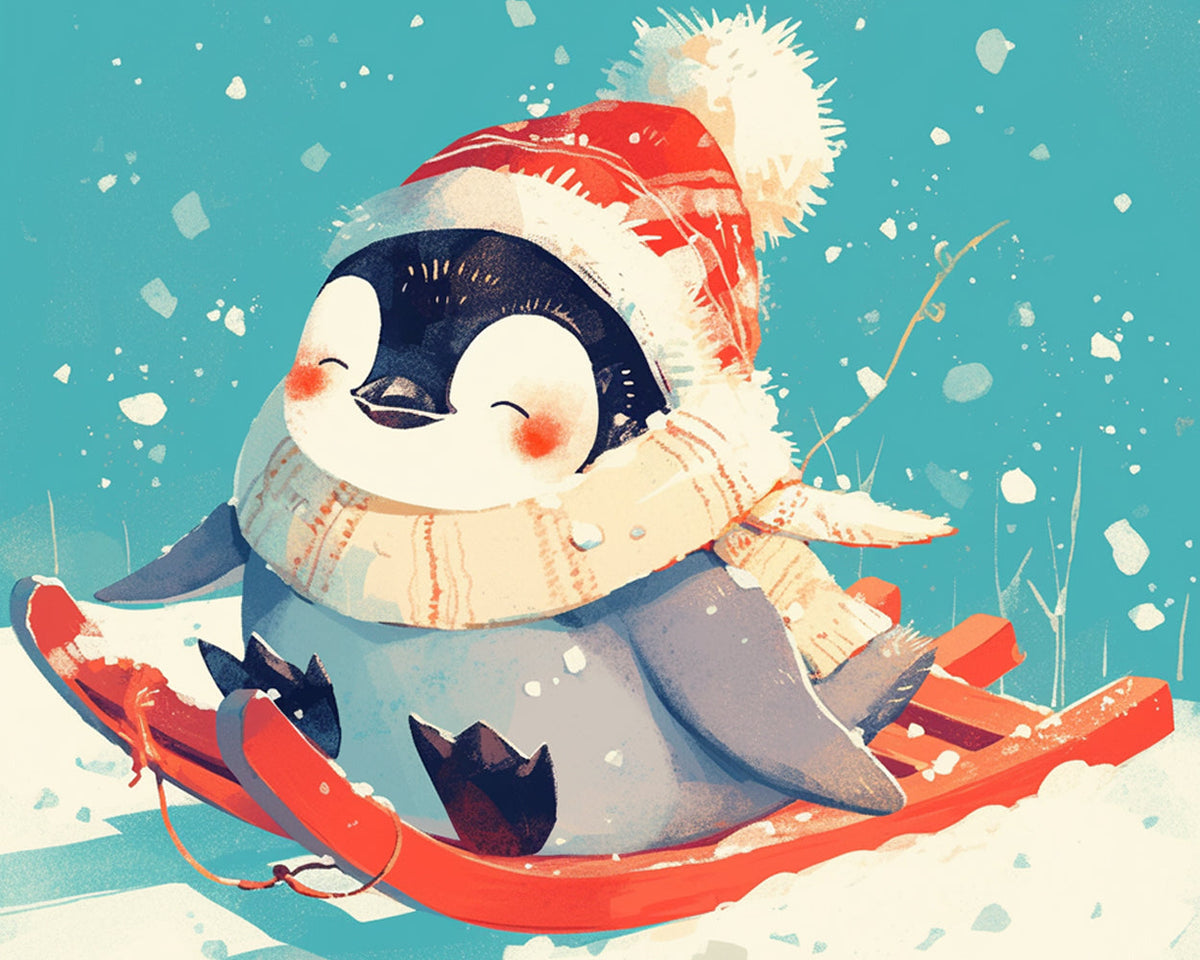 Cute penguin on a sled paint by numbers kit for beginners
