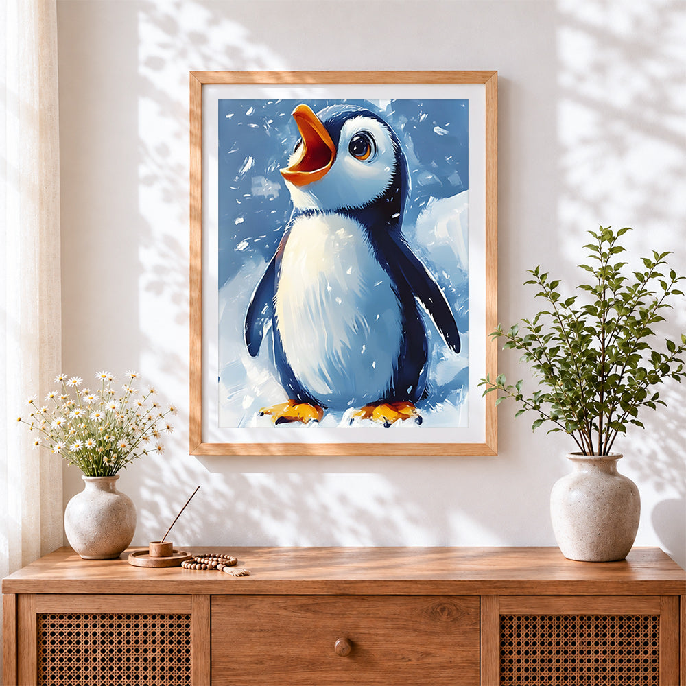 Finished cute penguin singing in the snow cross stitch artwork displayed
