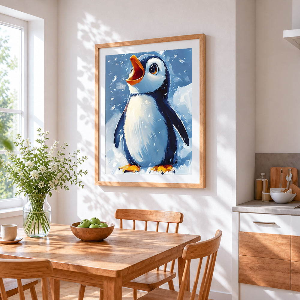 Cute penguin singing in the snow cross stitch artwork displayed on wall as home decor