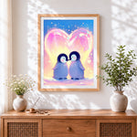 Finished cute penguins in love with heart cross stitch artwork displayed
