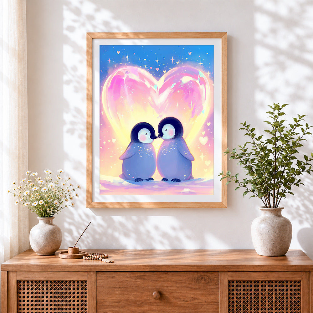 Finished cute penguins in love with heart cross stitch artwork displayed