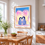 Cute penguins in love with heart cross stitch artwork displayed on wall as home decor