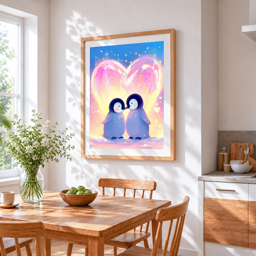 Cute penguins in love with heart cross stitch artwork displayed on wall as home decor