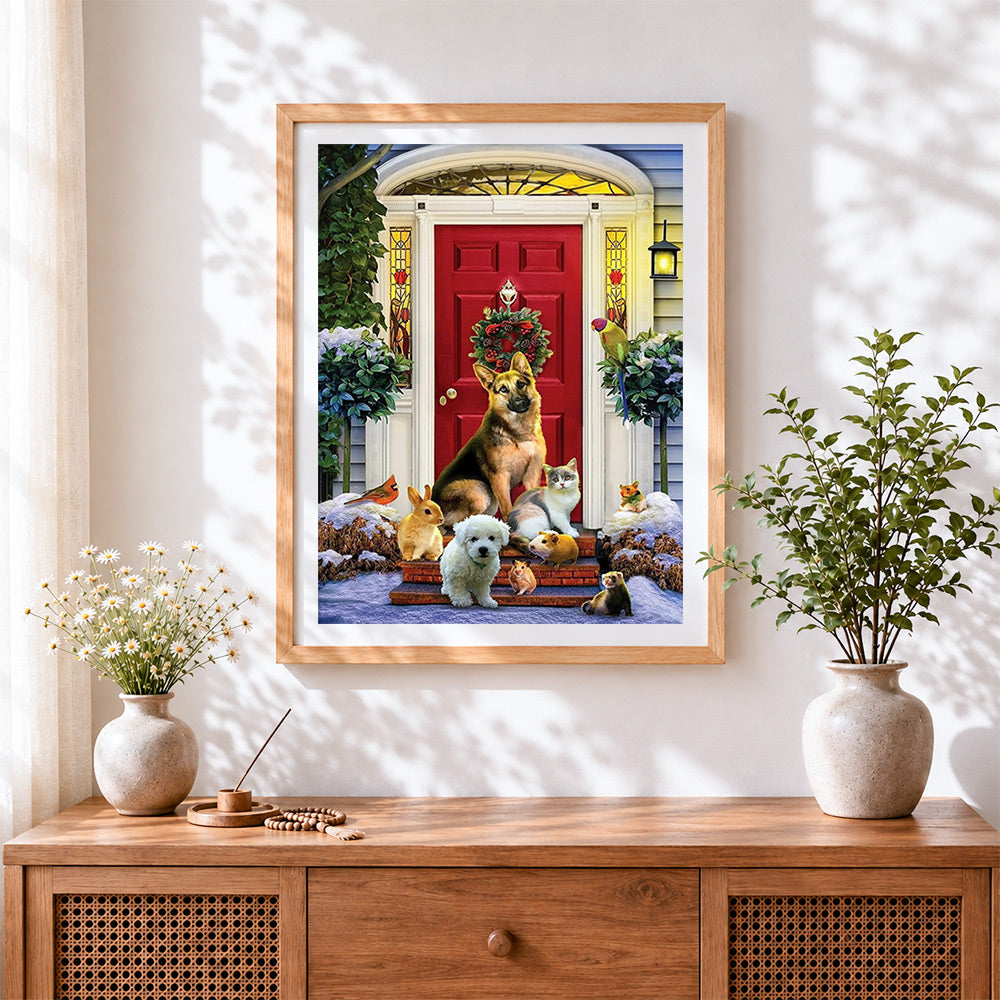 Finished cute pets by a red front door cross stitch artwork displayed