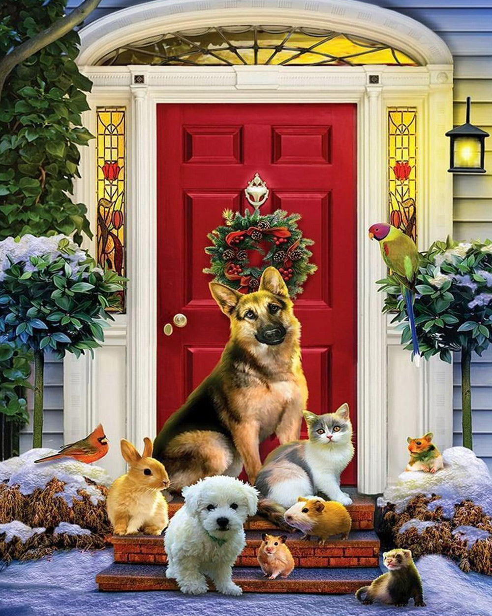 Cute pets by a red front door cross stitch kit for beginners
