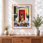 Finished cute pets by a red front door paint by numbers artwork displayed as home decor