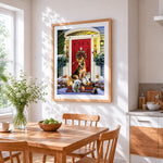 Cute pets by a red front door paint by numbers artwork displayed on wall as home decor