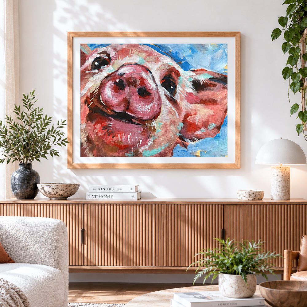 Finished cute pig close up cross stitch artwork displayed