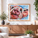 Finished cute pig close up cross stitch artwork displayed