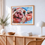 Cute pig close-up paint by numbers artwork displayed on wall as home decor