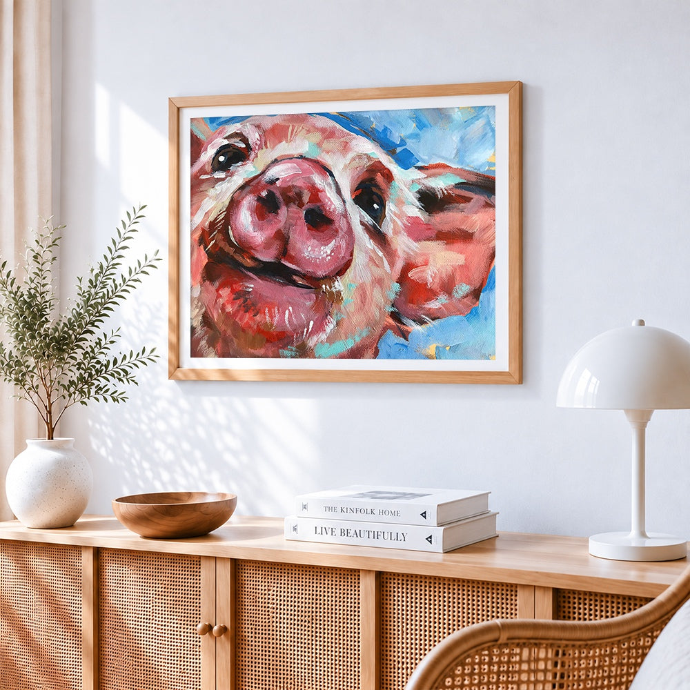 Cute pig close-up paint by numbers artwork displayed on wall as home decor