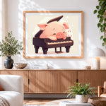 Finished cute pig sleeping on a piano cross stitch artwork displayed