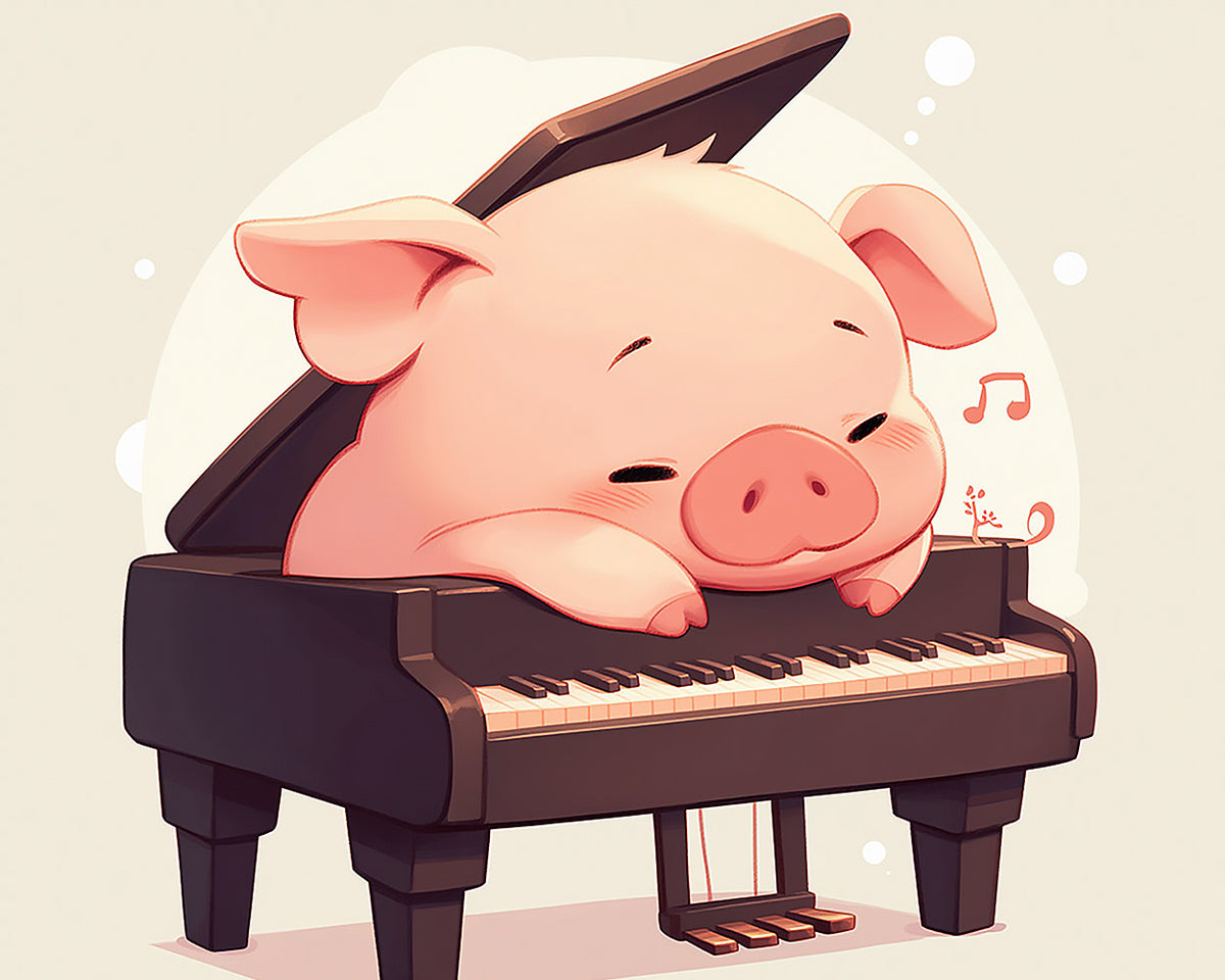 Cute pig sleeping on a piano cross stitch kit for beginners