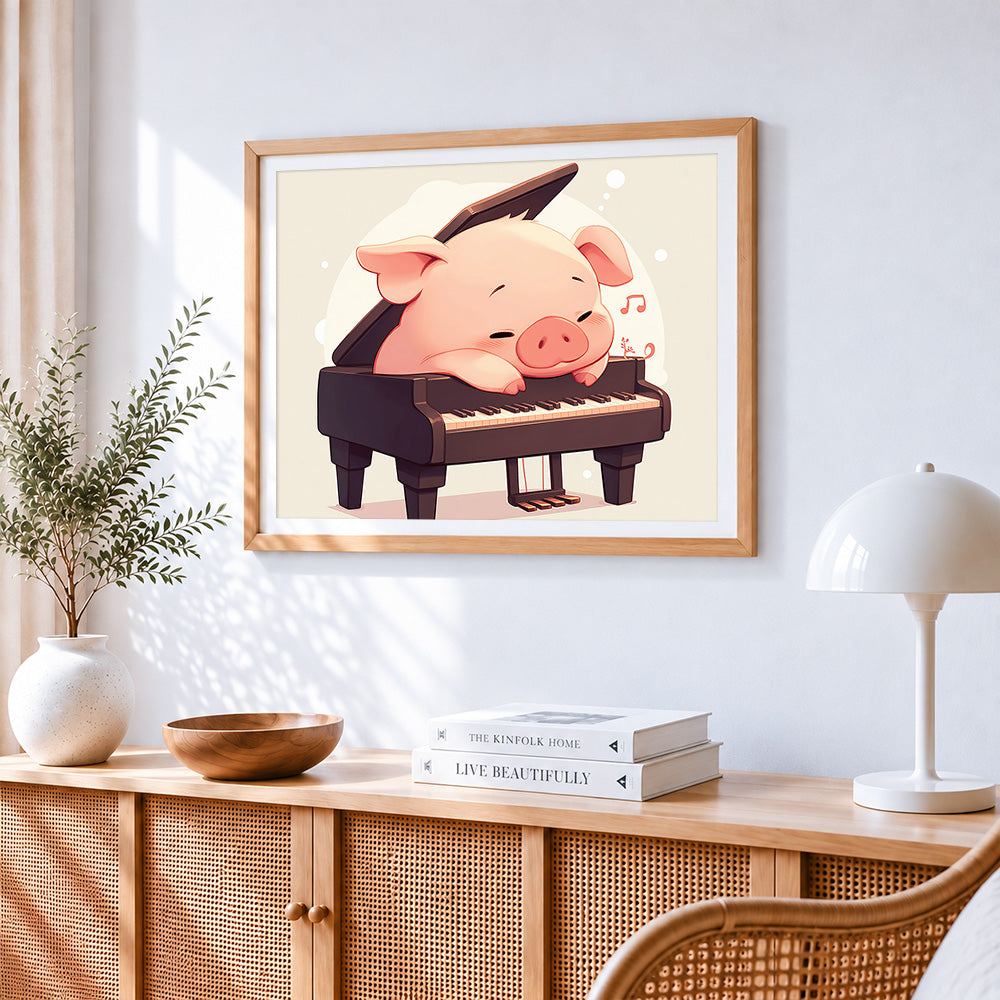 Cute pig sleeping on a piano cross stitch artwork displayed on wall as home decor