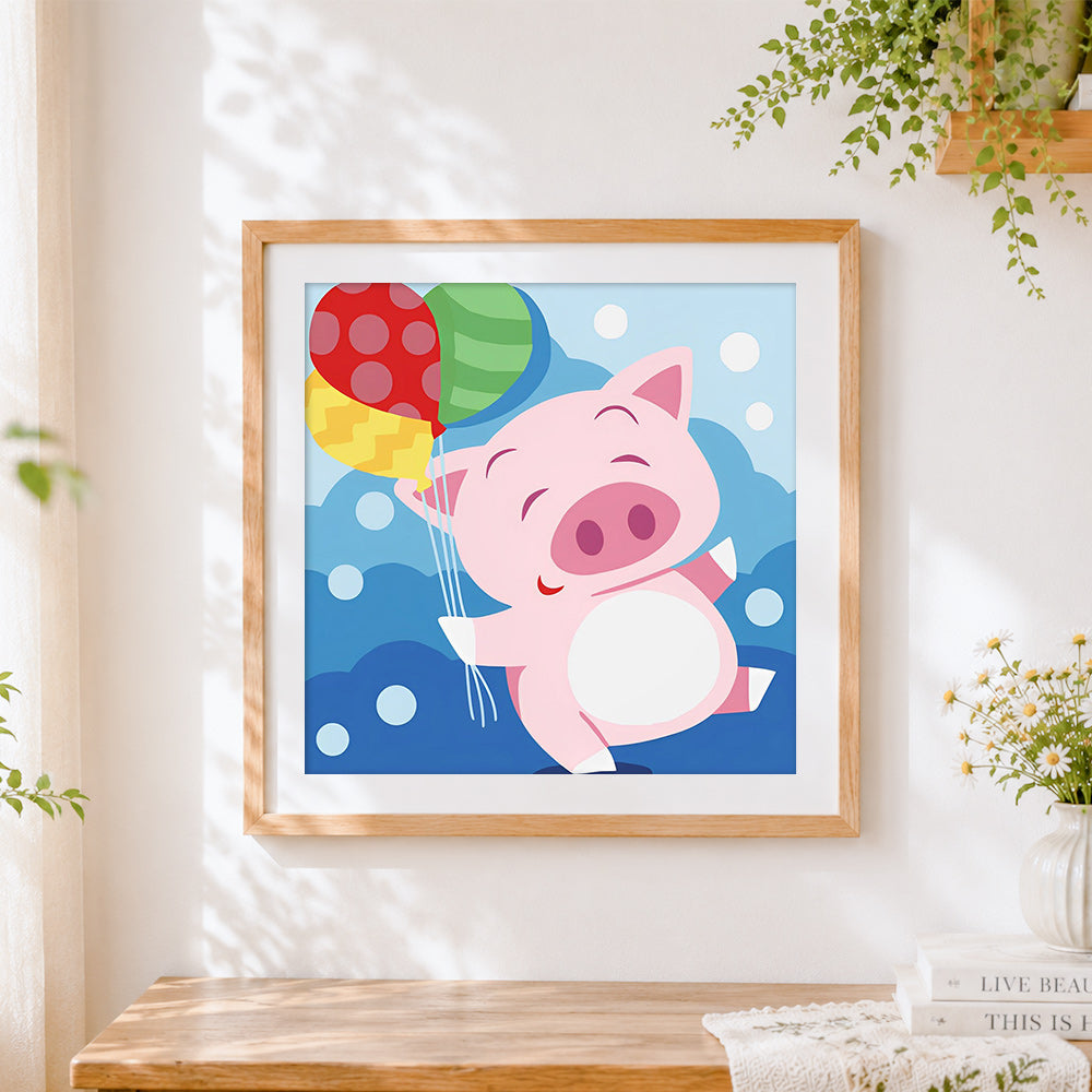 Finished cute pig with balloons cross stitch artwork displayed