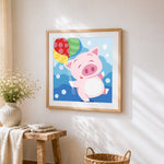 Cute pig with balloons cross stitch artwork displayed on wall as home decor