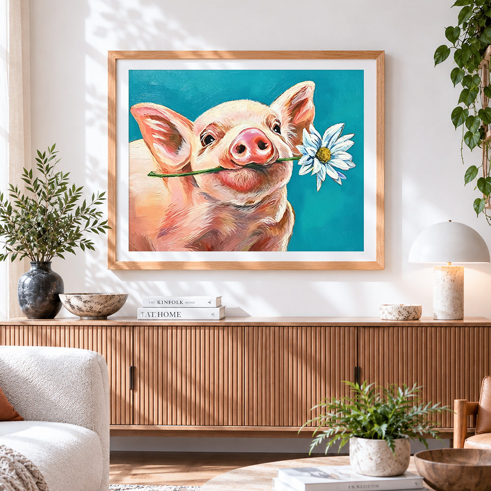 Finished cute pig with daisy cross stitch artwork displayed