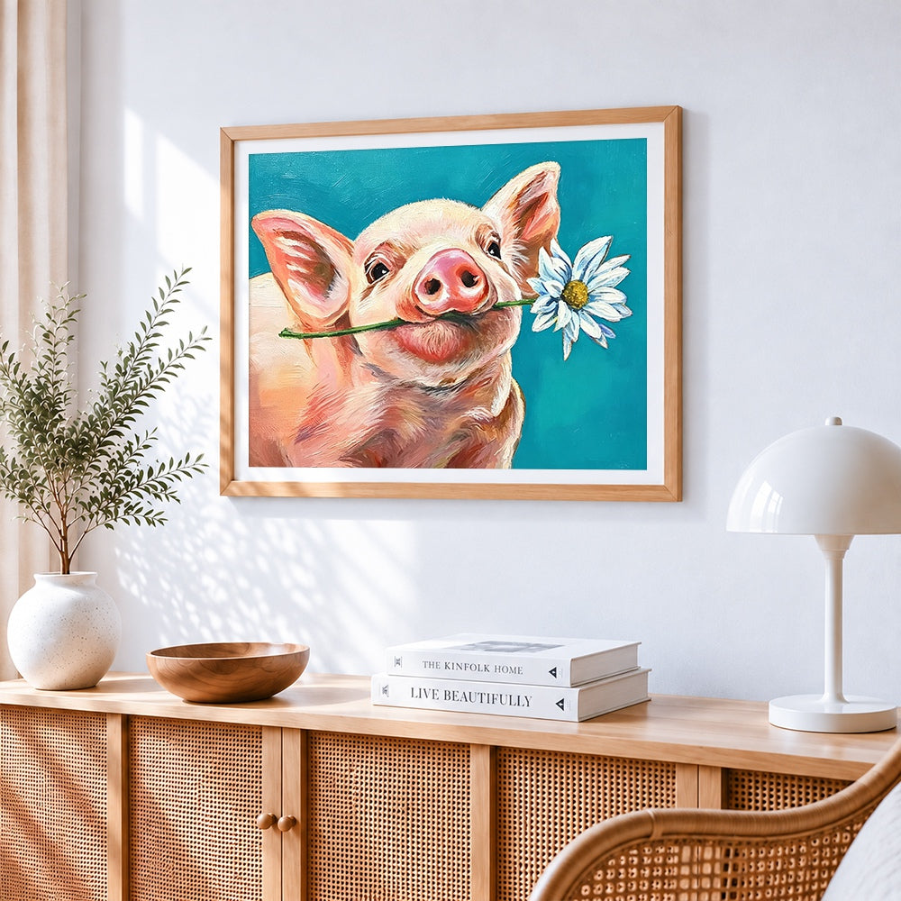 Cute pig with daisy cross stitch artwork displayed on wall as home decor