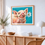Cute pig with daisy paint by numbers artwork displayed on wall as home decor
