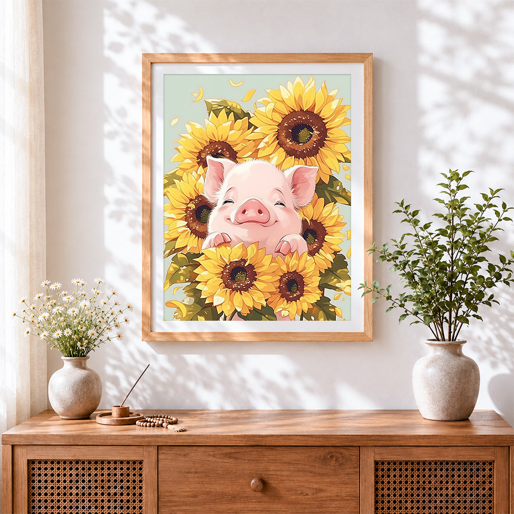 Finished cute piglet in a sunflower field cross stitch artwork displayed