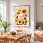 Cute piglet in a sunflower field cross stitch artwork displayed on wall as home decor