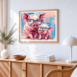 Cute pigs with glasses cross stitch artwork displayed on wall as home decor