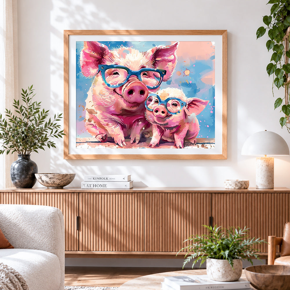 Finished cute pigs with glasses paint by numbers artwork displayed as home decor