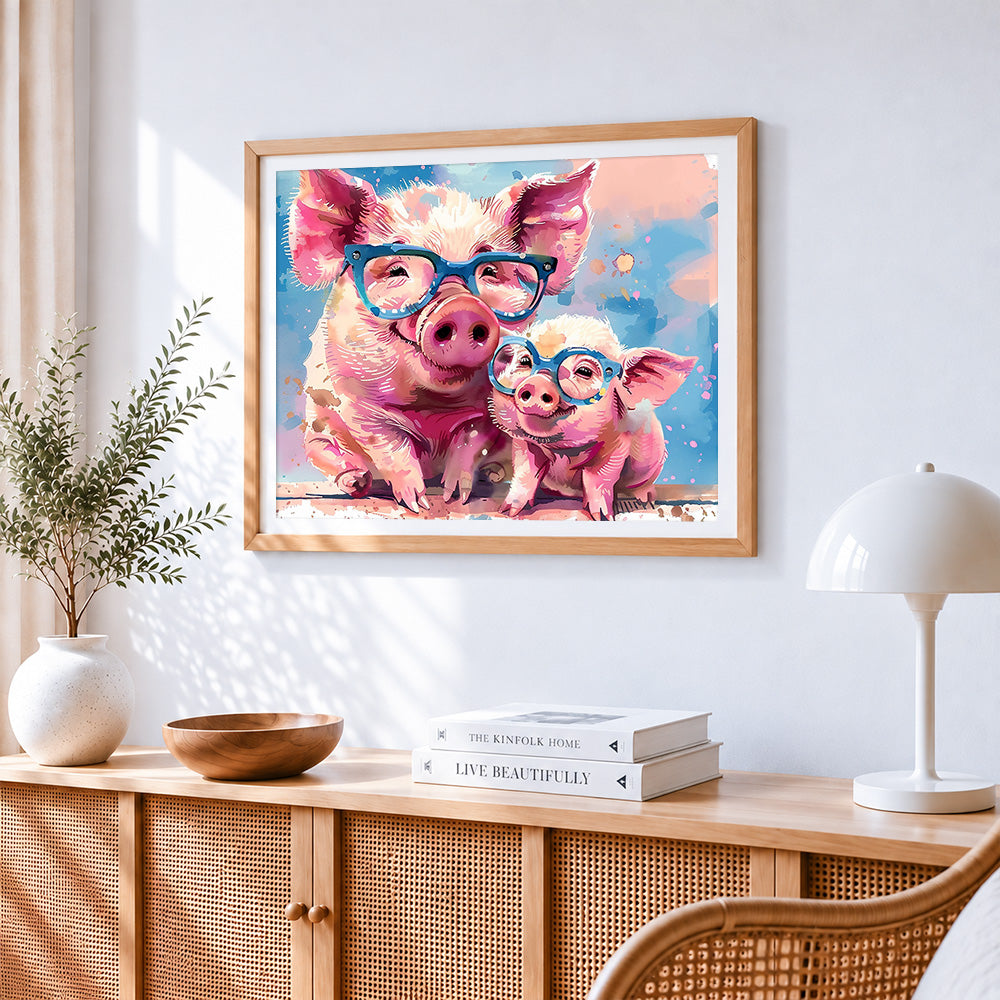 Cute pigs with glasses paint by numbers artwork displayed on wall as home decor