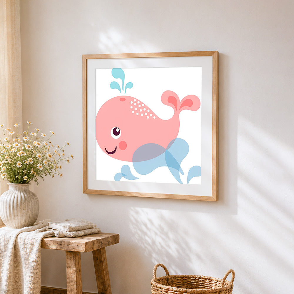 Cute pink cartoon whale cross stitch artwork displayed on wall as home decor