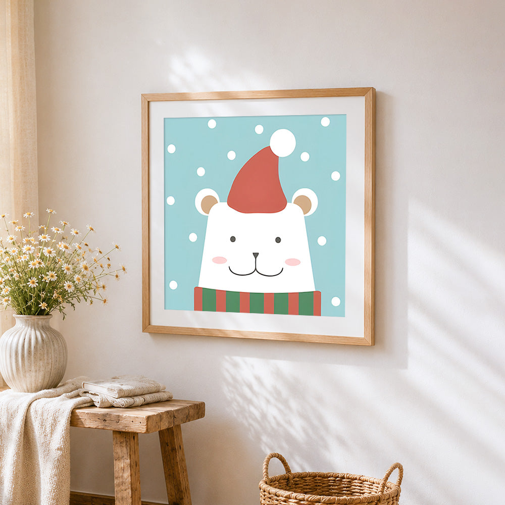 Cute polar bear with santa hat cross stitch artwork displayed on wall as home decor