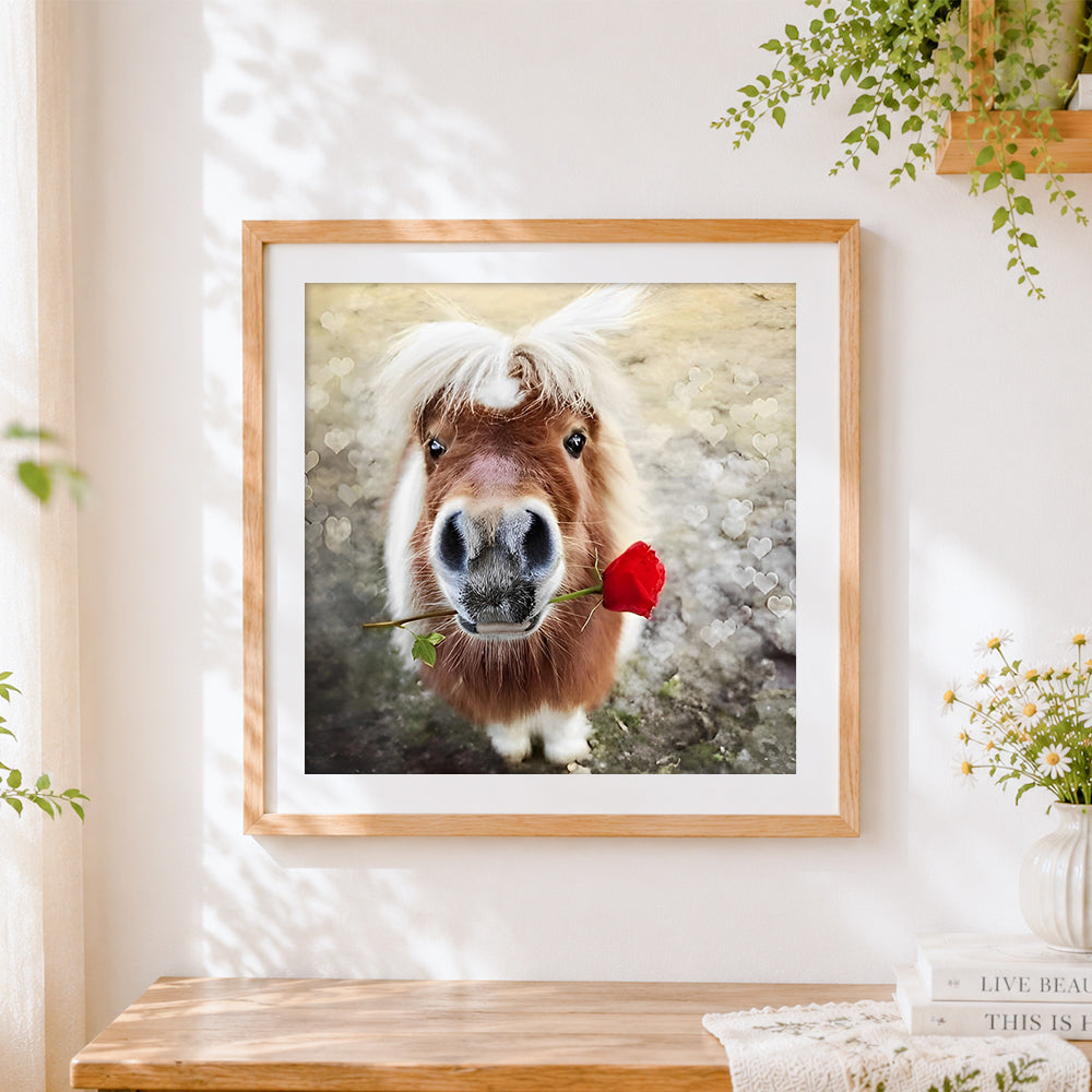Finished cute pony holding a red rose paint by numbers artwork displayed as home decor