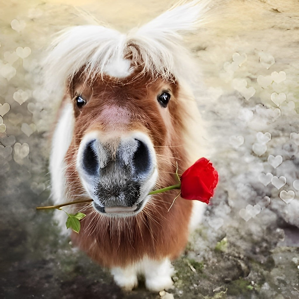 Cute pony holding a red rose paint by numbers kit for beginners