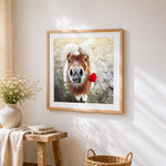Cute pony holding a red rose paint by numbers artwork displayed on wall as home decor
