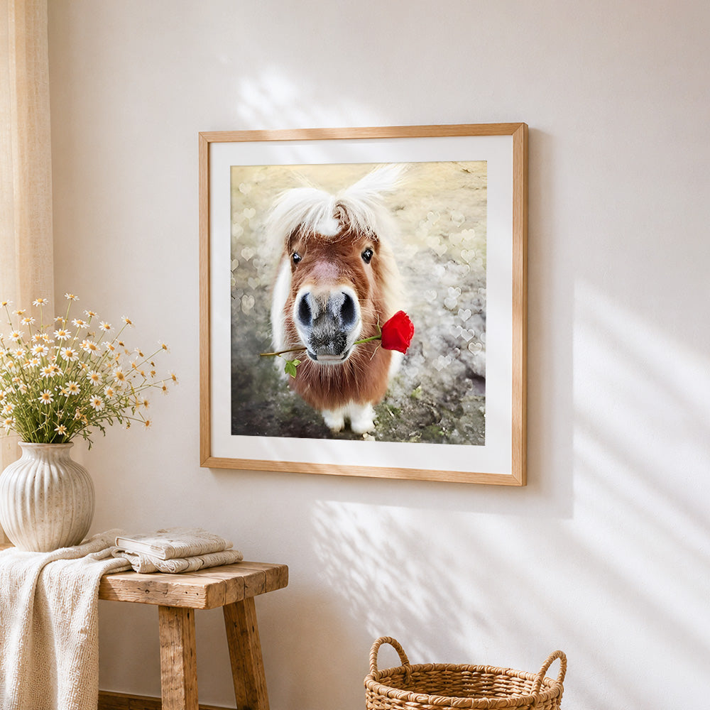 Cute pony holding a red rose paint by numbers artwork displayed on wall as home decor