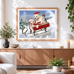 Finished cute puppies and kitten sledging in the snow paint by numbers artwork displayed as home decor