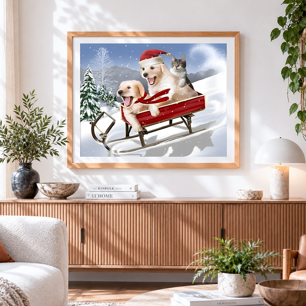 Finished cute puppies and kitten sledging in the snow paint by numbers artwork displayed as home decor