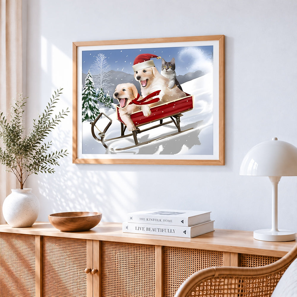 Cute puppies and kitten sledging in the snow paint by numbers artwork displayed on wall as home decor