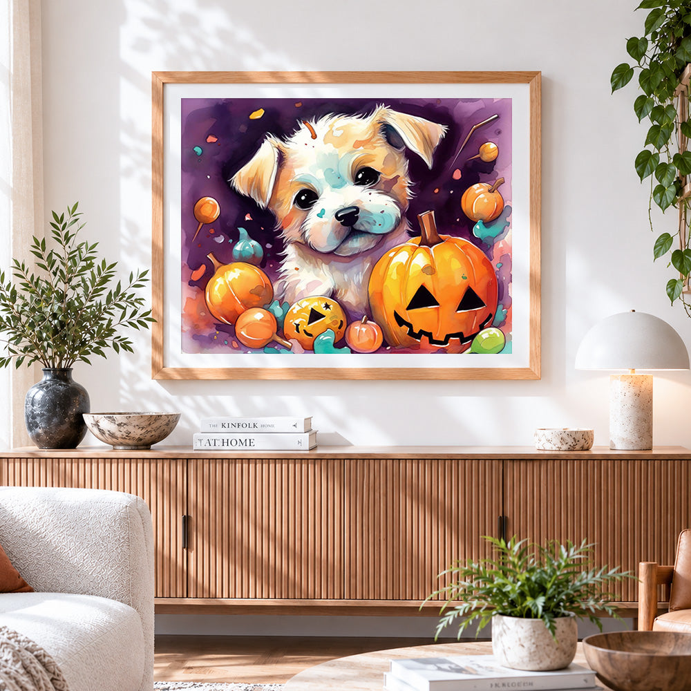 Finished cute puppy and halloween pumpkins cross stitch artwork displayed